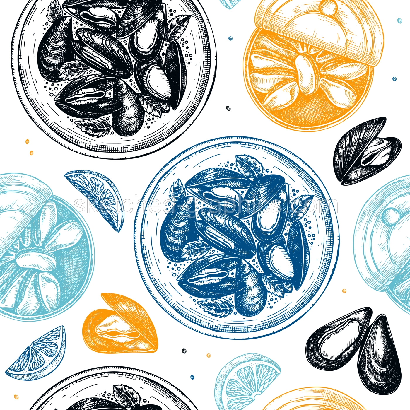 Hand drawn cooked mussels on platter with herbs seamless pattern. Vector package, banner, wrapping paper template with colorful seafood elements. Realistic shellfish background with tinned mussels.. Illustration